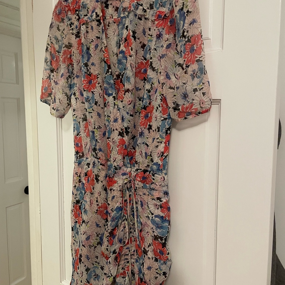 Veronica Beard Dakota Ruched Floral Print Silk Dress 4 Mini Blue Red Ruffle - Picture 4 of 4